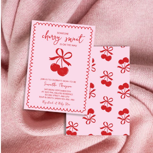 Cherry Sweet Elegant Hand plockade Flicka Shower Inbjudningar (Cherry Sweet Elegant Hand Drawn Baby Girl Shower Invitation)