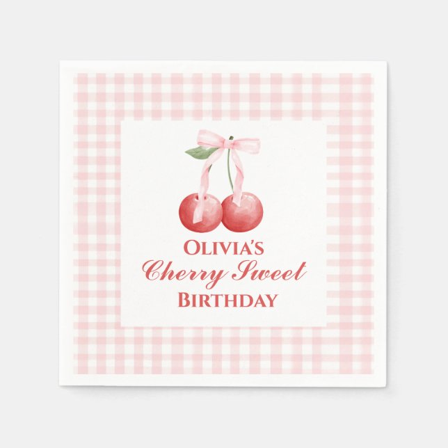 Cherry Sweet födelsedag Rosa Bandy Gingham Pappersservett (Framsidan)