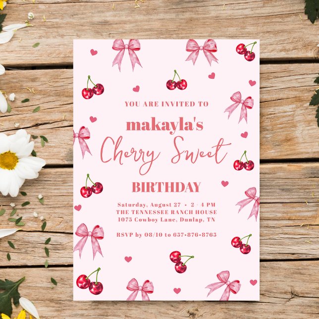 Cherry Sweet Födelsedagsfest Bow Tema Tjej  Inbjudningar (Skapare uppladdad)