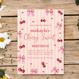 Cherry Sweet Födelsedagsfest rosa Bow Girl Inbjudningar