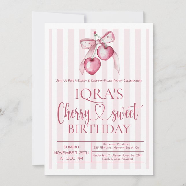 Cherry Sweet Pink Bow Girl 1st Birthday Inbjudningar (Framsida)