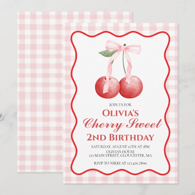 Cherry Sweet Pink Bow preppy födelsedag Inbjudningar (Fram/baksida)
