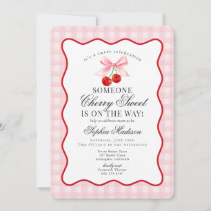 Cherry Sweet Pink Coquette Bow Gingham Barnrumsfir Inbjudningar