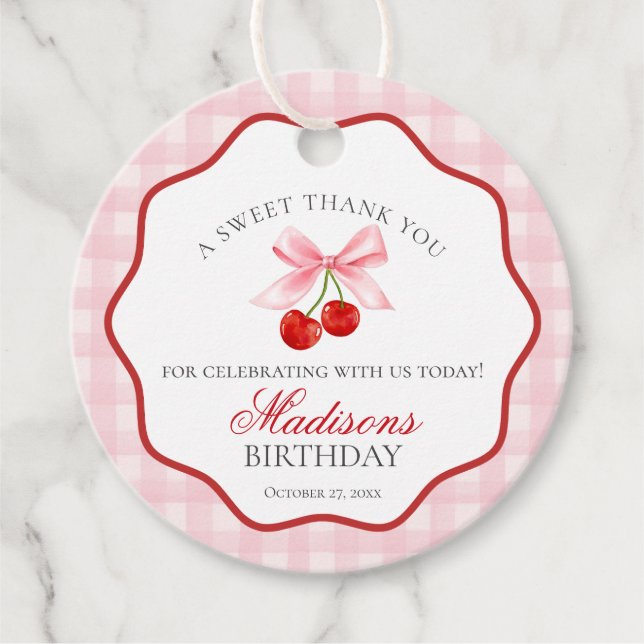 Cherry Sweet Rosa Coquette Bow Birthday Circle Gåvor Etiketter (Framsida)