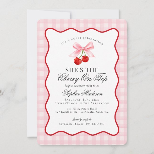 Cherry Sweet Rosa Coquette Bow Gingham Baby Shower Inbjudningar (Framsida)