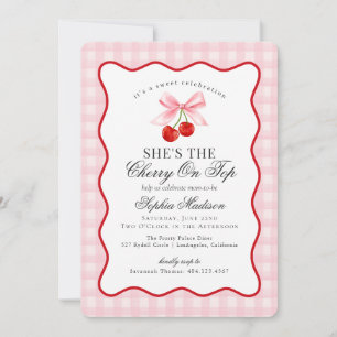 Cherry Sweet Rosa Coquette Bow Gingham Baby Shower Inbjudningar