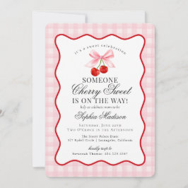 Cherry Sweet Rosa Coquette Bow Gingham Baby Shower Inbjudningar