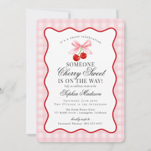 Cherry Sweet Rosa Coquette Bow Gingham Baby Shower Inbjudningar