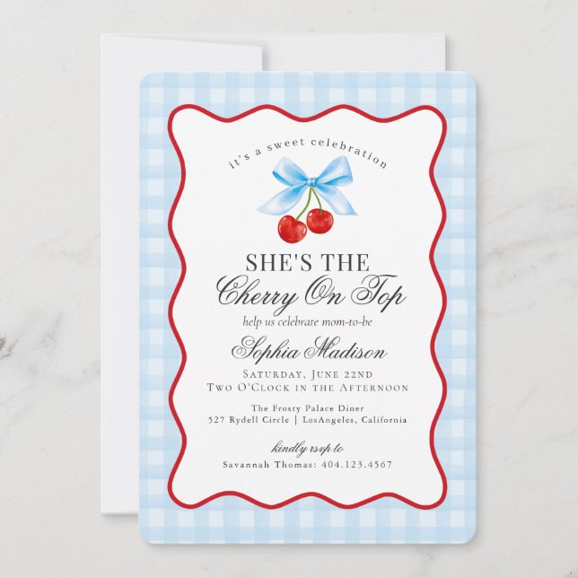 Cherry Sweet Rosa Coquette Bow Gingham Baby Shower Inbjudningar (Framsida)