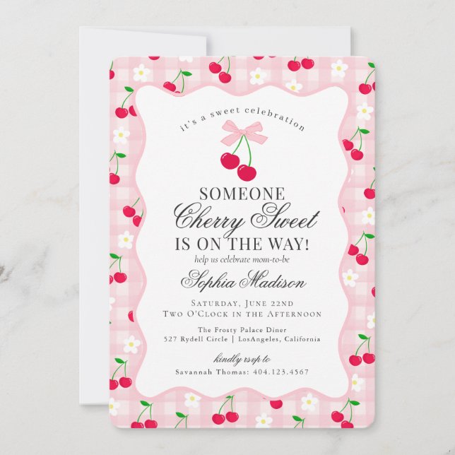 Cherry Sweet Rosa Coquette Bow Gingham Baby Shower Inbjudningar (Framsida)