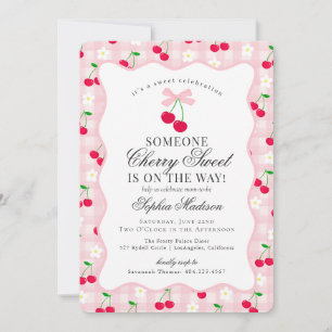 Cherry Sweet Rosa Coquette Bow Gingham Baby Shower Inbjudningar