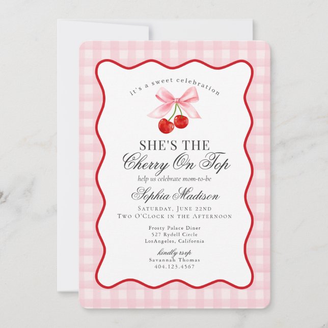 Cherry Sweet Rosa Coquette Bow Gingham Baby Shower Inbjudningar (Framsida)