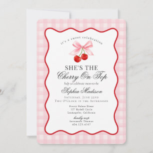 Cherry Sweet Rosa Coquette Bow Gingham Baby Shower Inbjudningar