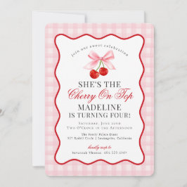Cherry Sweet Rosa Coquette Bow Gingham Birthday Inbjudningar