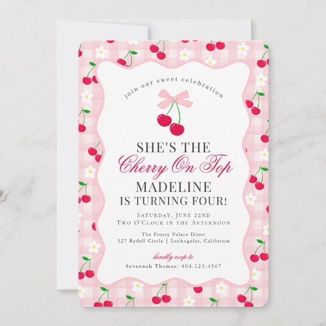 Cherry Sweet Rosa Coquette Bow Gingham Birthday Inbjudningar (Framsida)