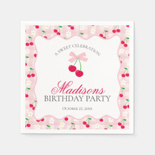 Cherry Sweet Rosa Coquette Bow Gingham Birthday Pappersservett