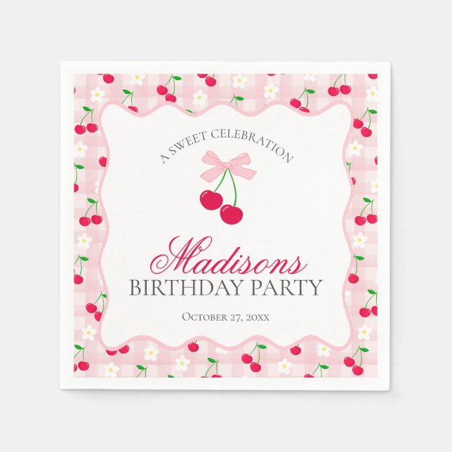 Cherry Sweet Rosa Coquette Bow Gingham Birthday Pappersservett (Framsidan)