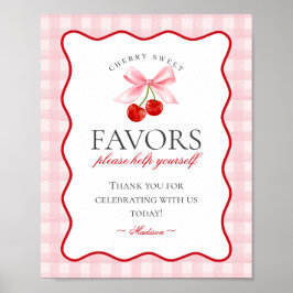 Cherry Sweet Rosa Coquette Bow Gingham Favors Sign Poster