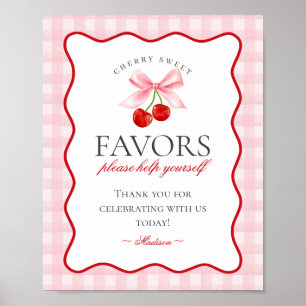 Cherry Sweet Rosa Coquette Bow Gingham Favors Sign Poster