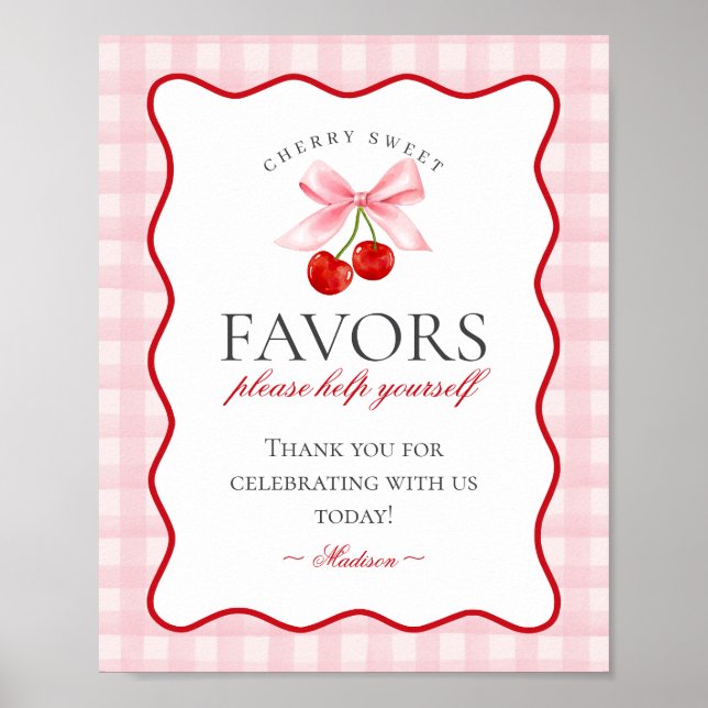 Cherry Sweet Rosa Coquette Bow Gingham Favors Sign Poster (Framsidan)