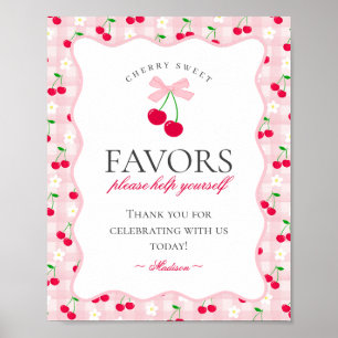 Cherry Sweet Rosa Coquette Bow Gingham Favors Sign Poster