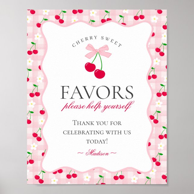 Cherry Sweet Rosa Coquette Bow Gingham Favors Sign Poster (Framsidan)