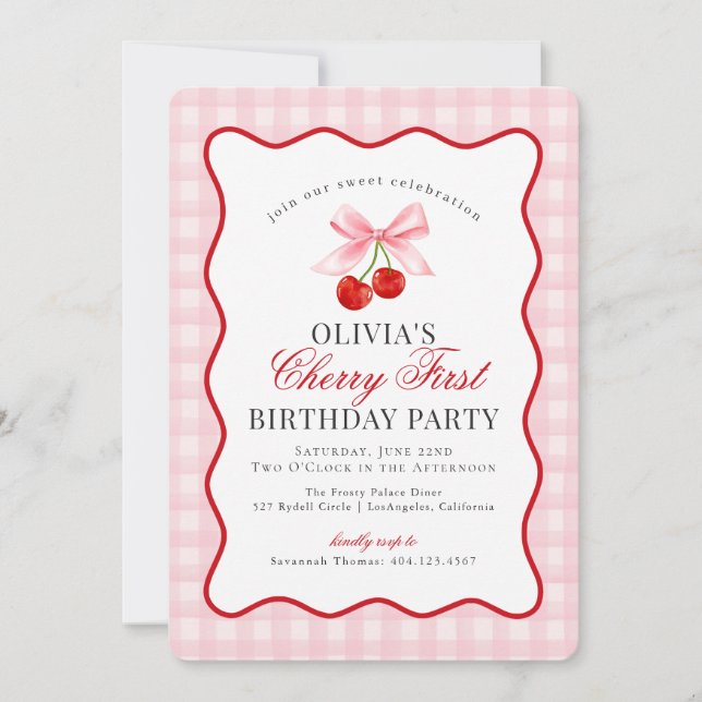 Cherry Sweet Rosa Coquette Gingham First Birthday Inbjudningar (Framsida)