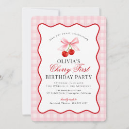 Cherry Sweet Rosa Coquette Gingham First Birthday Inbjudningar