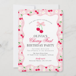 Cherry Sweet Rosa Coquette Gingham First Birthday Inbjudningar