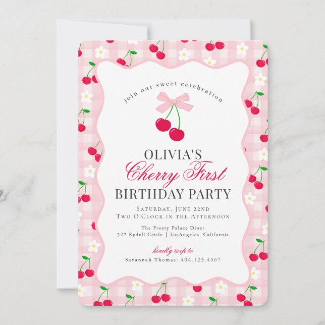 Cherry Sweet Rosa Coquette Gingham First Birthday Inbjudningar (Framsida)