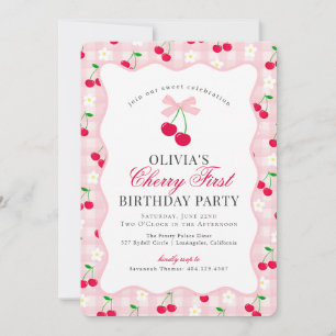 Cherry Sweet Rosa Coquette Gingham First Birthday Inbjudningar