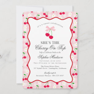 Cherry Sweet Rosa Coquette Gingham Möhippa Inbjudningar