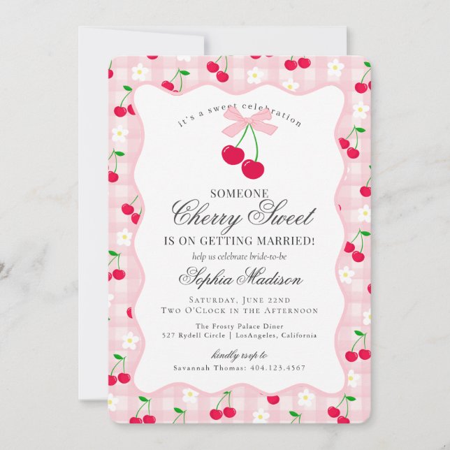 Cherry Sweet Rosa Coquette Gingham Möhippa Inbjudningar (Framsida)