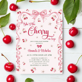 Cherry Top Rosa Bow Flicka Baby Shower Inbjudningar