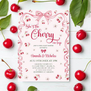 Cherry Top Rosa Bow Flicka Baby Shower Inbjudningar