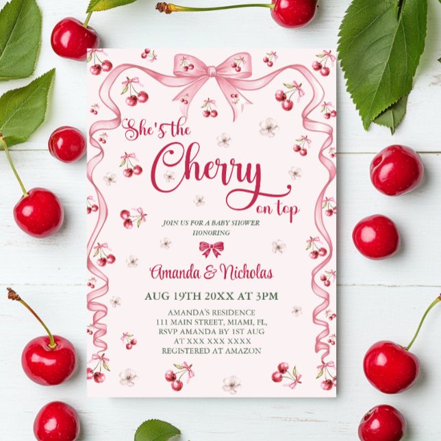 Cherry Top Rosa Bow Flicka Baby Shower  Inbjudningar (Skapare uppladdad)