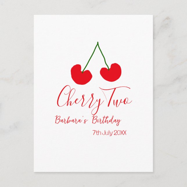 Cherry two 2nd birthday red cherry kids simple  vykort (Framsida)