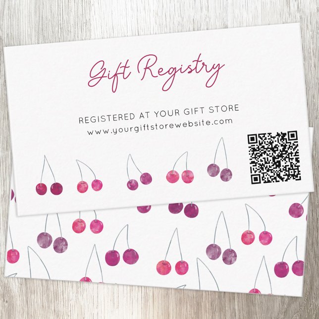 Cherry Watercolo Baby Shower Gift-registret QR-kod Tilläggskort (Baby shower cherry design QR code custom text gift registry enclosure card)