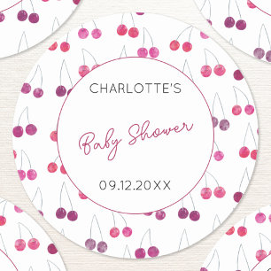 Cherry Watercolor Baby Shower Personlig Runt Klistermärke