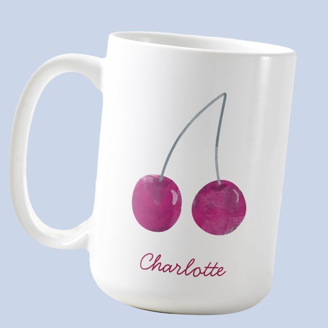 Cherry Watercolor Personlig Kaffemugg (Sweet cherry watercolor personalized script name coffee mug)