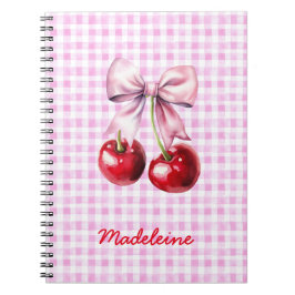 Cherry with Cute Pink Bow on Gingham Custom Name Anteckningsbok