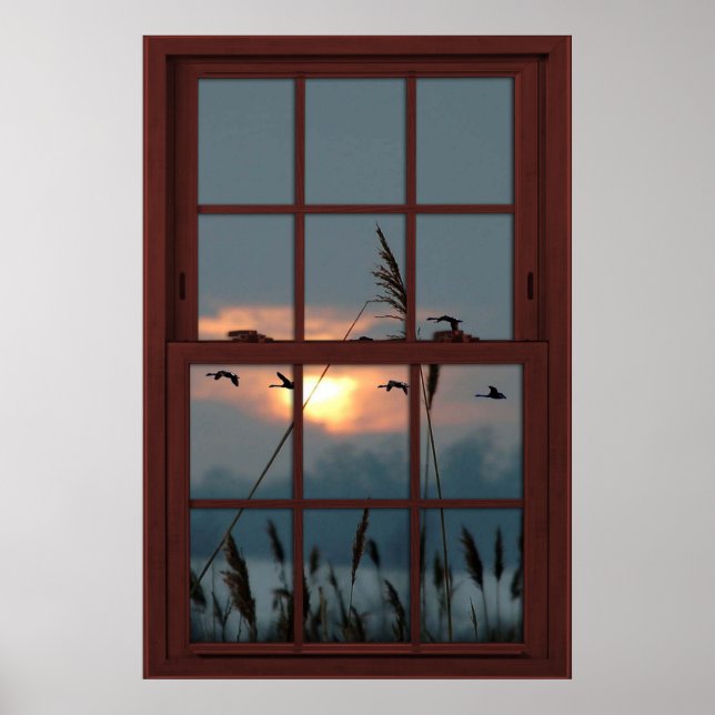 Cherry Wood Faux Window Illusion - Flock of Birds Poster (Framsidan)