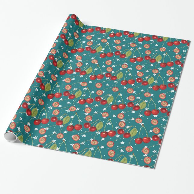 Cherry Wrapping Papper med Dusty Blue Background Presentpapper (Utrullad)