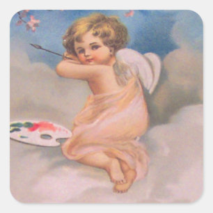 Cherub Angel Cherry Träd Painting Pallet Christian Fyrkantigt Klistermärke