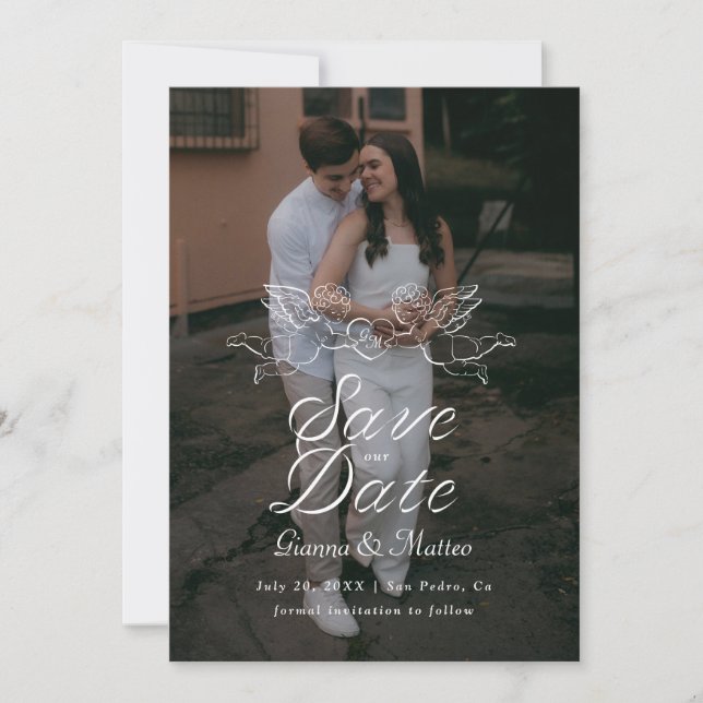 Cherub Cupid Couple Holding Heart Wedding Photo Spara Datumet (Framsida)