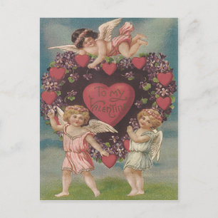 Cherub Cupid Heart Violets Valentine Helg Vykort