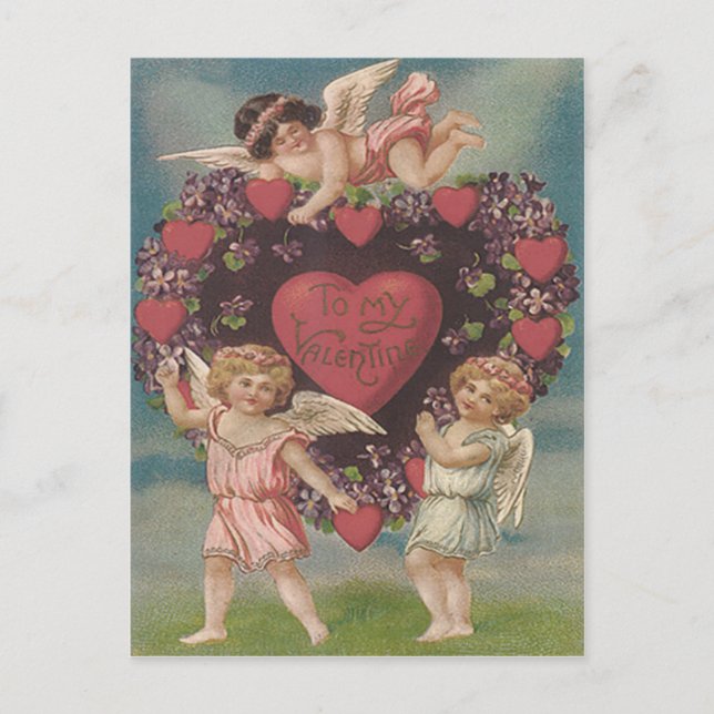 Cherub Cupid Heart Violets Valentine Helg Vykort (Framsida)