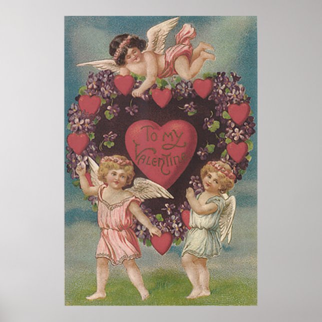 Cherub Cupid Heart Violets Valentine Poster (Framsidan)