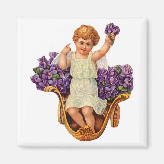 Cherub och Lila blommor Magnet (Framsidan)