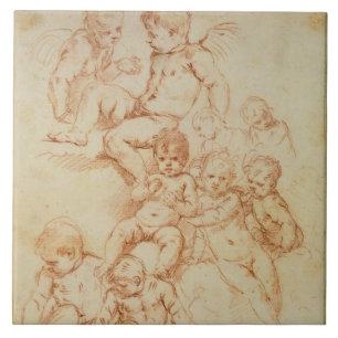 Cherubs 17th århundrade för tidigt (röd krita p kakelplatta